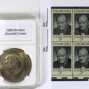 1965 UK Block Of 4 Churchill 5¢ Postage Stamps & Elizabeth II Winston Churchill Commemorative Crown About Uncirculated
