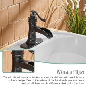 BWE Bathroom Sink Faucet Oil Rubbed Bronze Waterfall with Pop Up Drain Stopper Assembly Water Supply Hose Rustic Lead-Free Lavatory Vanity Bath Black Farmhouse Faucet Single Handle Mixer Single Hole