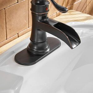 BWE Bathroom Sink Faucet Oil Rubbed Bronze Waterfall with Pop Up Drain Stopper Assembly Water Supply Hose Rustic Lead-Free Lavatory Vanity Bath Black Farmhouse Faucet Single Handle Mixer Single Hole