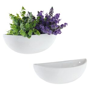 mygift white ceramic wall planters for indoor plants, half bowl hanging vase, wall mounted succulent planters, set of 2