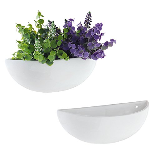 MyGift White Ceramic Wall Planters for Indoor Plants, Half Bowl Hanging Vase, Wall Mounted Succulent Planters, Set of 2