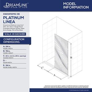 dreamline platinum linea surf 34 in. w x 72 in. h single panel frameless shower screen in polished stainless steel, d3234721m11-08