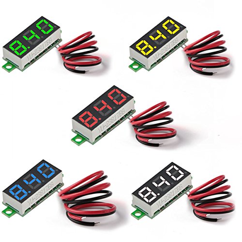 MakerFocus 5pcs Mini Digital DC Voltmeter 0.28 Inch Two-Wire 2.5V-30V Mini Digital DC Voltmeter Voltage Tester Meter 5 Colours