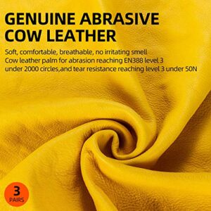 Vgo 3-Pairs Unlined Cow Grain Leather Work and Driver Gloves with Cow Split Leather Palm Patch (Size L, Gold,CA9590)