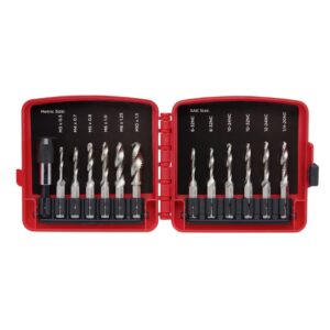 neiko 10059a combination drill and tap bit set with quick change adapter, 13 piece, sae (6-32nc to 1/4-20nc) and metric drill bit set (m3 to m10), metric tap set