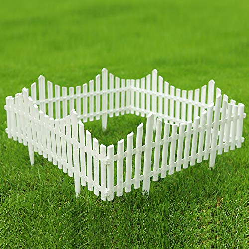 Sungmor Plastic White Edging Garden Picket Fence - Grass Lawn Flowerbed Plant Borders - Decorative Landscape Path Panels - 13in Tall, Pack of 4 (Overall Length 8 ft) - Lightweight & Easy Installation