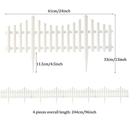 Sungmor Plastic White Edging Garden Picket Fence - Grass Lawn Flowerbed Plant Borders - Decorative Landscape Path Panels - 13in Tall, Pack of 4 (Overall Length 8 ft) - Lightweight & Easy Installation