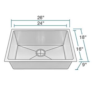 MR Direct 2620S-18 Stainless Steel Undermount 26 in. Single Bowl Kitchen Sink