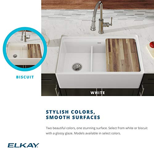 Elkay SWUF3320WH Fireclay 60/40 Double Bowl Farmhouse Sink with Aqua Divide, White