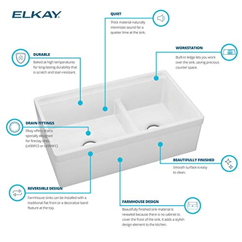 Elkay SWUF3320WH Fireclay 60/40 Double Bowl Farmhouse Sink with Aqua Divide, White