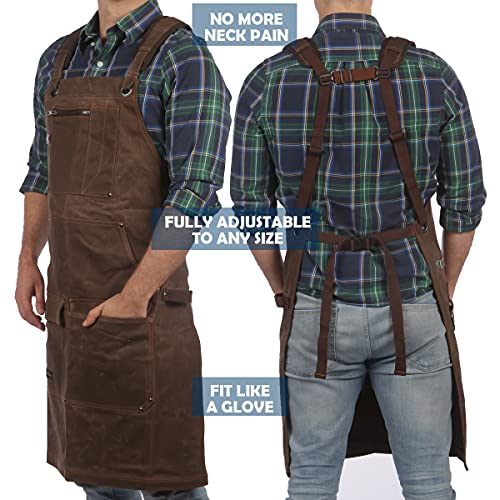 Woodworking Shop Apron - 16 oz Waxed Canvas Work Aprons | Metal Tape holder, Fully Adjustable to Comfortably Fit Men Size S to XXL | Tough Tool Apron to Give Protection, Ideal Fathers Day GIft for Dad