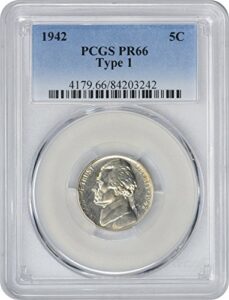 1942 jefferson nickel, type 1, pr66, pcgs