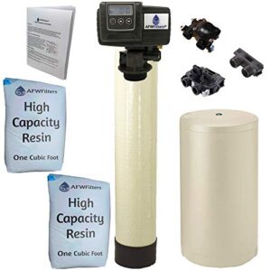 fleck 64k 1 inch whole house water softener system 5600sxt digital meter grain-includes bypass valve & brine tank with safety float, almond high capacity resin