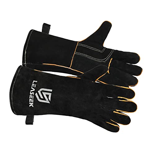 LeaSeek Welding Gloves, Heat/Fire Resistant Leather Barbecue Gloves,Mitts for Fireplace,BBQ,Welder,Grill,Oven,Stove,Tig