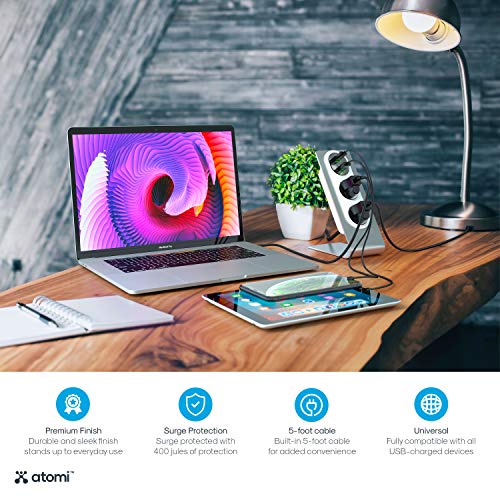 Atomi Desktop Surge Protector - 2-Outlet Power Strip, 2 USB Charging Ports, Ai Rapid Charge for Phones, Tablets, Laptops, Cameras and More, Durable, Heavyweight Metal - Silver