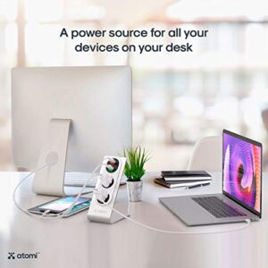 Atomi Desktop Surge Protector - 2-Outlet Power Strip, 2 USB Charging Ports, Ai Rapid Charge for Phones, Tablets, Laptops, Cameras and More, Durable, Heavyweight Metal - Silver