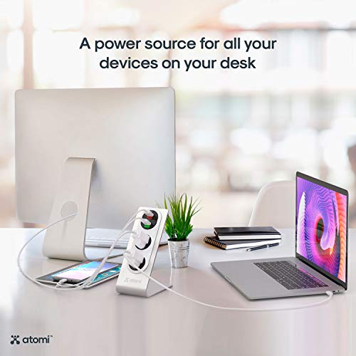 Atomi Desktop Surge Protector - 2-Outlet Power Strip, 2 USB Charging Ports, Ai Rapid Charge for Phones, Tablets, Laptops, Cameras and More, Durable, Heavyweight Metal - Silver