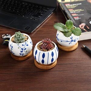 T4U 2.5 Inch Ceramic Succulent Planter Pot with Bamboo Saucer Set of 3, Cactus Plant Pot Flower Pot Container Planter Gift for Home Office Indoor Decoration Blue and White Pots