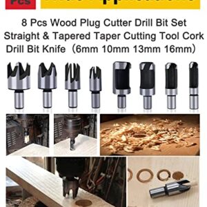 Rocaris 8pcs Wood Plug Cutter Drill Bit Set Straight and Tapered Taper Cutting Tool Cork Drill Bit Knife 6mm 10mm 13mm 16mm