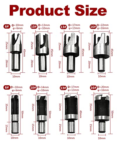 Rocaris 8pcs Wood Plug Cutter Drill Bit Set Straight and Tapered Taper Cutting Tool Cork Drill Bit Knife 6mm 10mm 13mm 16mm