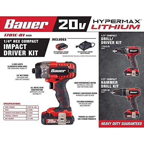 Bauer 1781C-B1 Hypermax Lithium, Hex Compact Impact Driver Kit, 20V