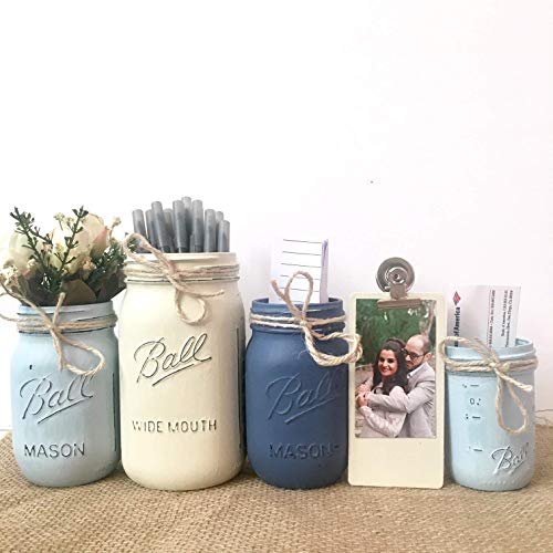 Hand Painted and Distressed Mason Jar Desk Set, Rustic Office Organization Set, Your Choice of Colors, 5 Piece Set, Painted and Distressed Mason Jars, Rustic Farmhouse Style