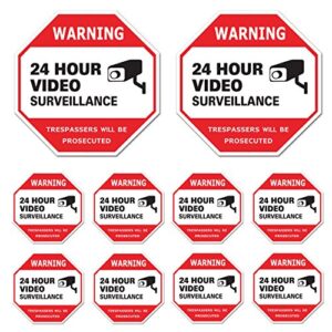 video surveillance sign 10 pack, cctv 24 hour warning sticker door window yard sign, indoor & outdoor use (2-6x6", 8-3x3" decal)