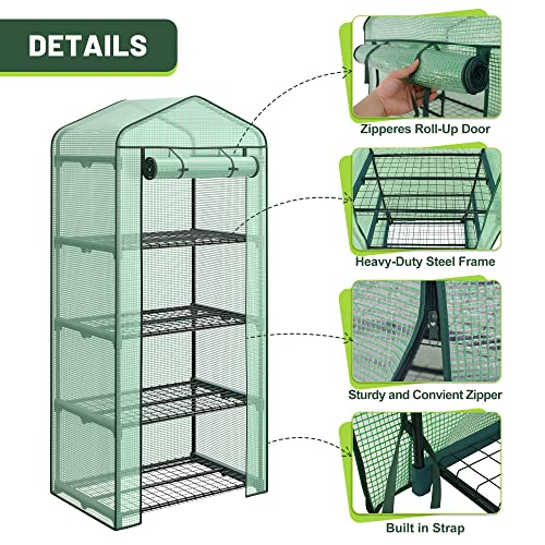 4 Tier Mini Greenhouse Indoor Outdoor with PE Cover and Roll-Up Zipper Door, Portable Waterproof Cloth Greenhouse Tent Grow Seeds & Seedlings, 2.3x1.5x5.3 FT