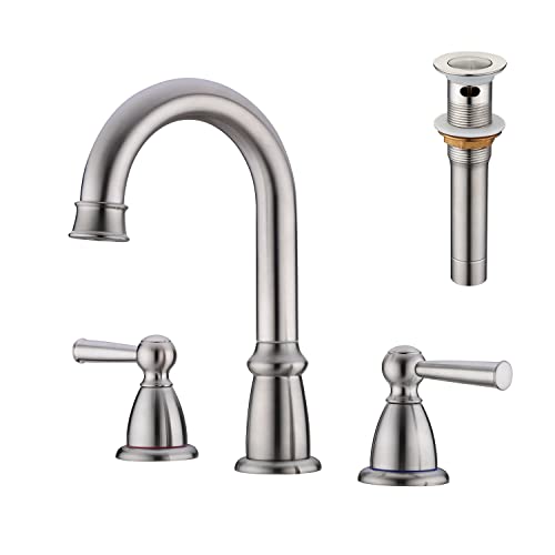 CREA Widespread Bathroom Faucet 3 Hole 8 inch Faucet Brushed Nickel with Pop Up Drain 2 Handle 4 inch Sink Faucets for Vanity Lavatory Basin Restroom Bath