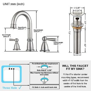 CREA Widespread Bathroom Faucet 3 Hole 8 inch Faucet Brushed Nickel with Pop Up Drain 2 Handle 4 inch Sink Faucets for Vanity Lavatory Basin Restroom Bath