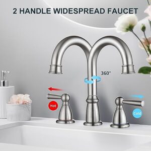 CREA Widespread Bathroom Faucet 3 Hole 8 inch Faucet Brushed Nickel with Pop Up Drain 2 Handle 4 inch Sink Faucets for Vanity Lavatory Basin Restroom Bath