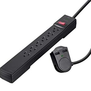 Monoprice 6 Outlet Power Surge Protector - 6 Feet Cord - Black| 2 Port USB Charger on the Plug, 1080 Joules