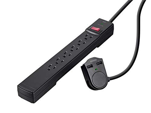 Monoprice 6 Outlet Power Surge Protector - 6 Feet Cord - Black| 2 Port USB Charger on the Plug, 1080 Joules