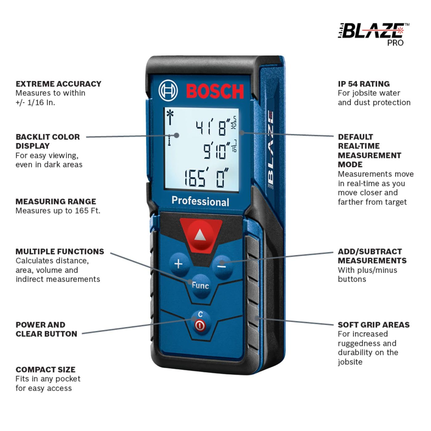 Bosch Blaze Pro GLM165-40 165ft Laser Distance Measure with Color Backlit Display