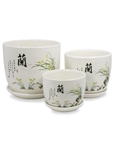 dahlia set of 3 hand painted ceramic planter/plant pot/flower pot w. attached saucer, orchid