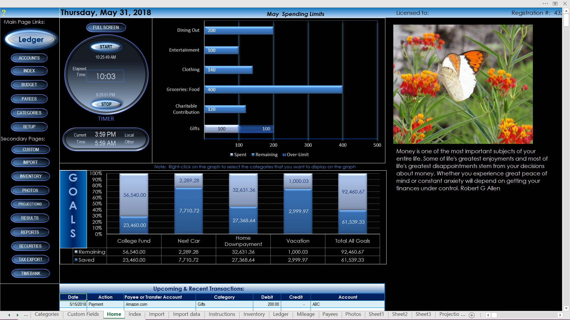 Ledger1 For Home / Students - Excel Based Money Management, Budgeting, Accounting & Retirement Planning Spreadsheet [Download]