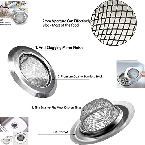 2 Pcs Stainless Steel Kitchen Mesh Silver Sink Strainer Large Wide Rim 4.5" Diameter,Perfect for Kitchen Sinks