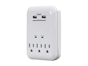 monoprice 3 outlet power surge protector wall tap with 2 built in 3.4a usb charging ports - white | etl rated 950 joules with grounded and protected light indicator
