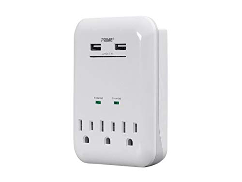 Monoprice 3 Outlet Power Surge Protector Wall Tap with 2 Built in 3.4A USB Charging Ports - White | ETL Rated 950 Joules with Grounded and Protected Light Indicator