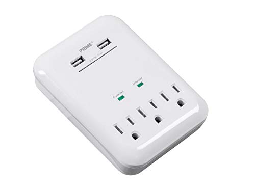 Monoprice 3 Outlet Power Surge Protector Wall Tap with 2 Built in 3.4A USB Charging Ports - White | ETL Rated 950 Joules with Grounded and Protected Light Indicator