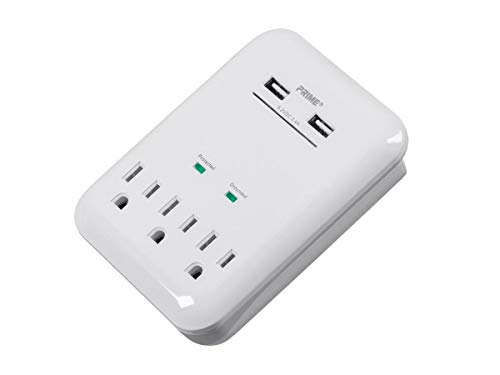 Monoprice 3 Outlet Power Surge Protector Wall Tap with 2 Built in 3.4A USB Charging Ports - White | ETL Rated 950 Joules with Grounded and Protected Light Indicator