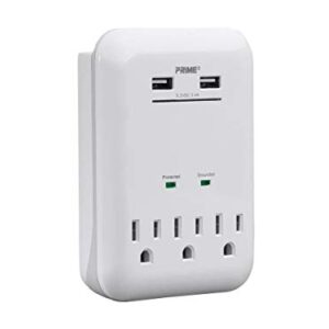 Monoprice 3 Outlet Power Surge Protector Wall Tap with 2 Built in 3.4A USB Charging Ports - White | ETL Rated 950 Joules with Grounded and Protected Light Indicator