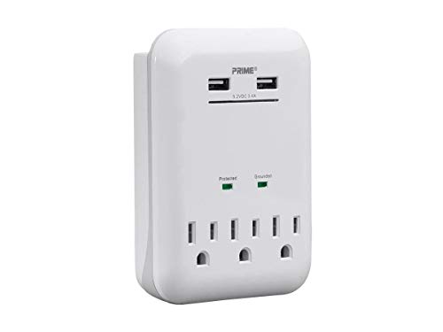 Monoprice 3 Outlet Power Surge Protector Wall Tap with 2 Built in 3.4A USB Charging Ports - White | ETL Rated 950 Joules with Grounded and Protected Light Indicator