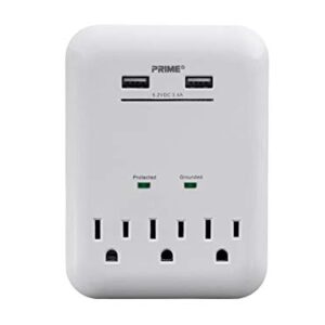 Monoprice 3 Outlet Power Surge Protector Wall Tap with 2 Built in 3.4A USB Charging Ports - White | ETL Rated 950 Joules with Grounded and Protected Light Indicator