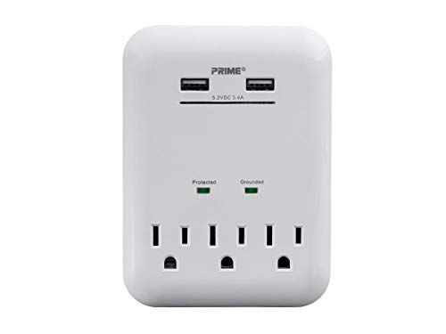 Monoprice 3 Outlet Power Surge Protector Wall Tap with 2 Built in 3.4A USB Charging Ports - White | ETL Rated 950 Joules with Grounded and Protected Light Indicator