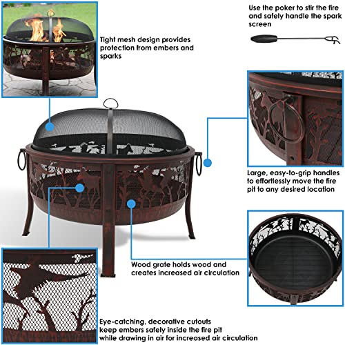 Sunnydaze 30-Inch Outdoor Fire Pit - Round Wood-Burning Backyard and Patio Fire Pit for Outside - Spark Screen, Water-Resistant Cover, Metal Grate, and Fireplace Poker Included - Pheasant Hunting