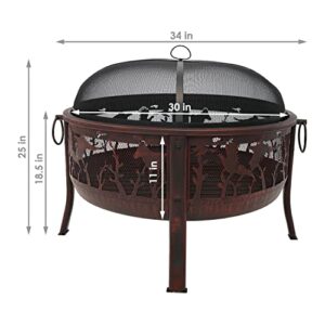 Sunnydaze 30-Inch Outdoor Fire Pit - Round Wood-Burning Backyard and Patio Fire Pit for Outside - Spark Screen, Water-Resistant Cover, Metal Grate, and Fireplace Poker Included - Pheasant Hunting