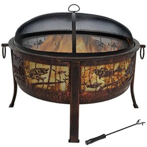 sunnydaze 30-inch fire pit with spark screen, water-resistant cover, metal grate, and fireplace poker - northwoods fishing