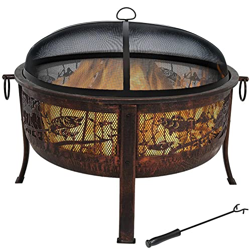 Sunnydaze 30-Inch Fire Pit with Spark Screen, Water-Resistant Cover, Metal Grate, and Fireplace Poker - Northwoods Fishing