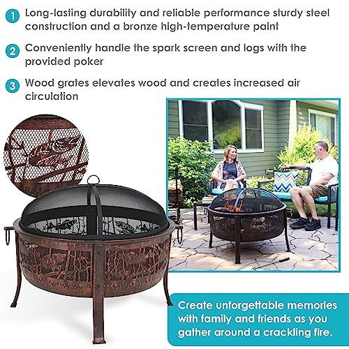 Sunnydaze 30-Inch Fire Pit with Spark Screen, Water-Resistant Cover, Metal Grate, and Fireplace Poker - Northwoods Fishing